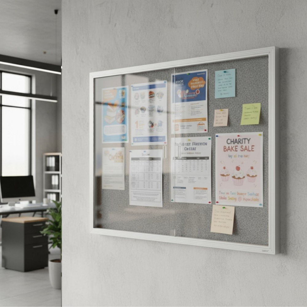 BeNoticed Notice Case Sliding 2 Door Grey fabric